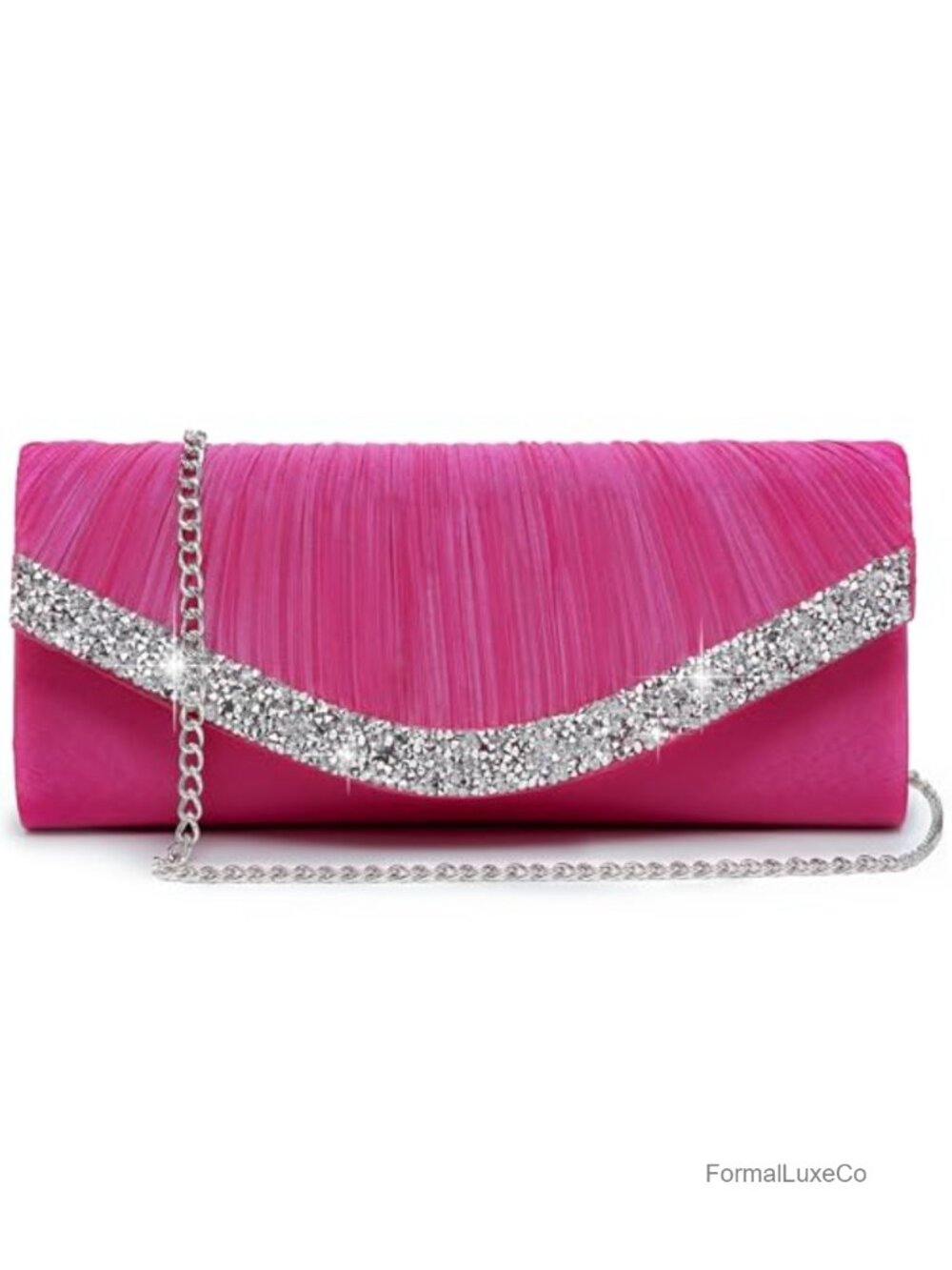 Satin Rhinestone Trim Pleated Clutch Purse with Detachable Chain Strap